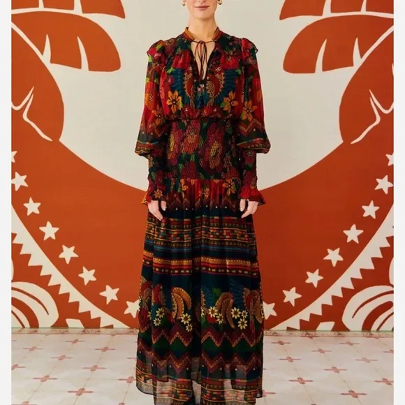 FARM Rio Red and Black Long Sleeve Gown with Bishop Sleeves - Picture 2 of 9